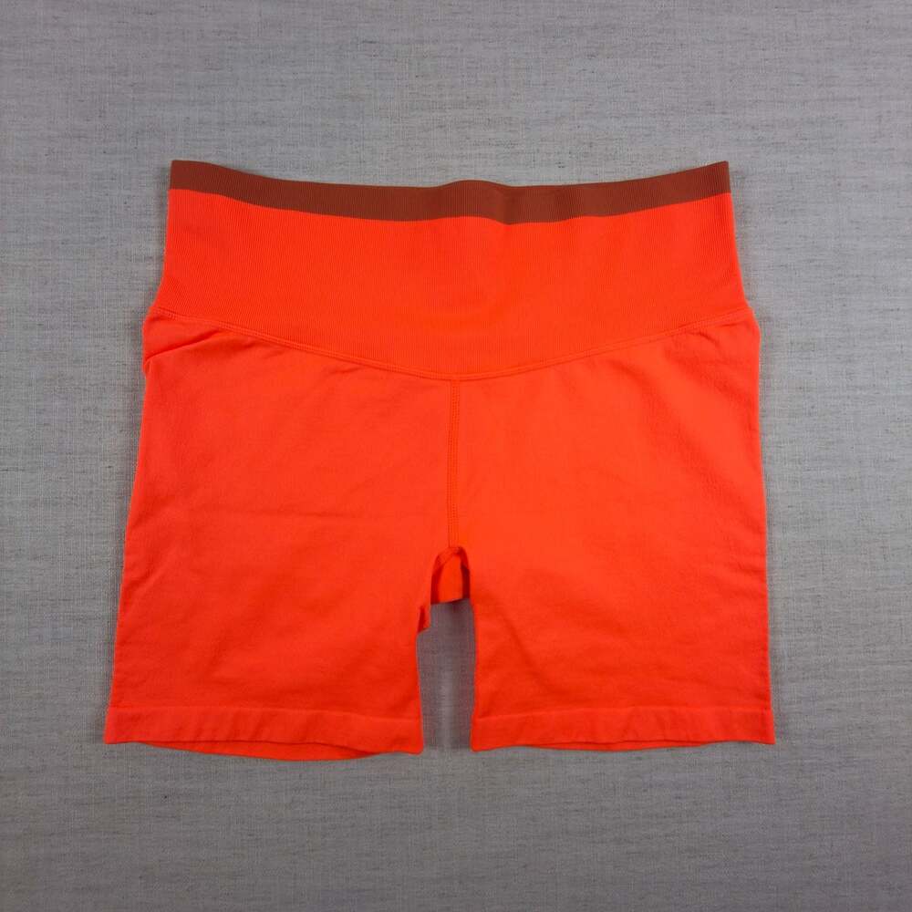 JoyLab Neon Orange Seamless High Waisted Bike Shorts Brown Waistband Q4/23